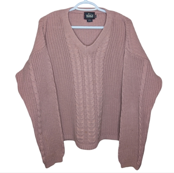Vintage Woolrich Petal Pink Cable Knit V Neck Sweater Womens M - Picture 1 of 9
